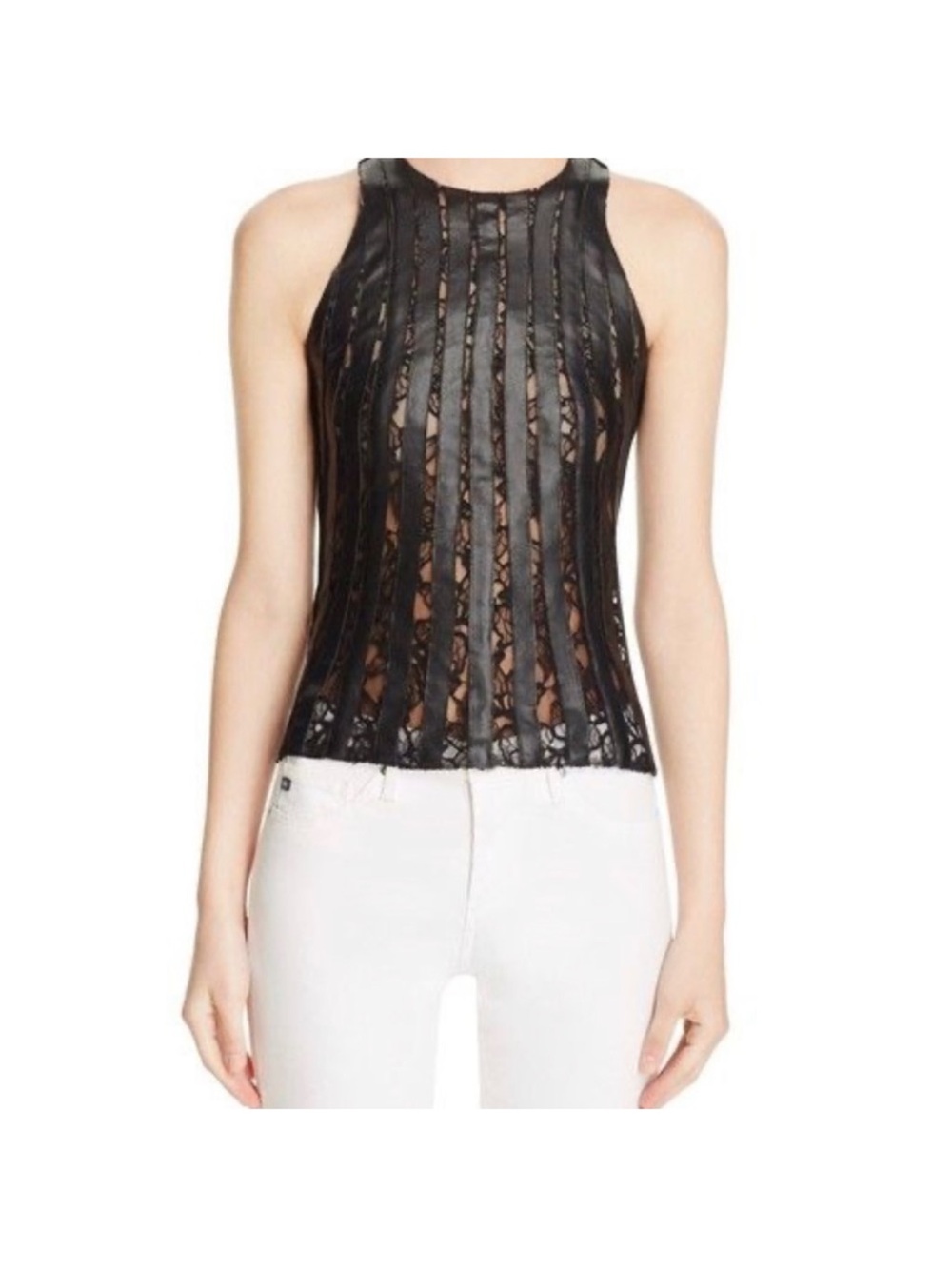 Bailey 44 Sheer Lace Inset Black Halter Tank Top